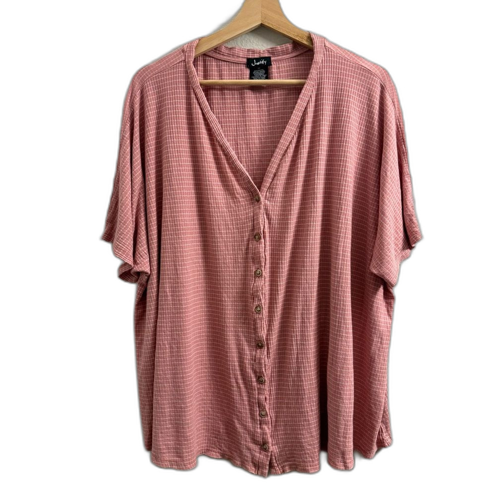 Striped Knit Ribbed V-Neck Button Front Blouse Top Size 3X Pink White